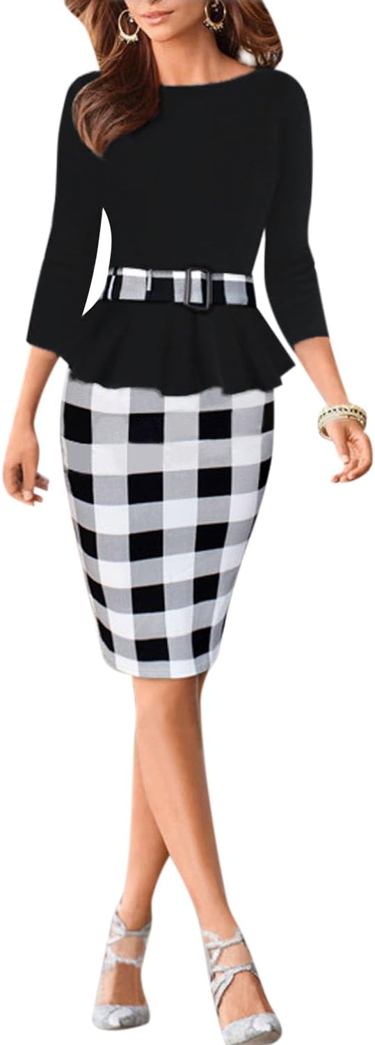 Viwenni Women's Houndstooth Belted Colorblock Tartan Wear to Work Casual Pencil Dress