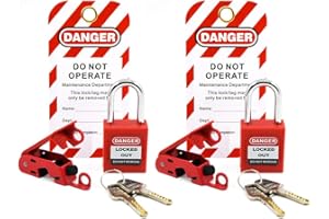HiLKCO Steel&PA Standard Circuit Breaker Lockout Tagout for 110V-220V Single/Double Hole Toggless OSHA Compliant Red Electrical Breaker Locks,2X Padlocks,2X Tags,2X Circuit Breaker Lockout