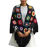 Hblanket Handmade Crochet 70x34in Fringed Poncho Cape Shawls Wraps Granny Square Womens Coat Sweater
