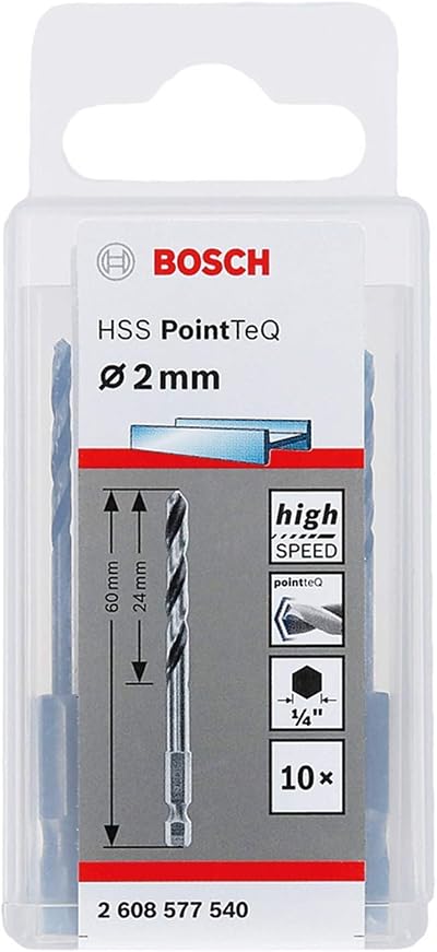 Bosch Professional 10pc PointTeQ 2.0 mm Hex Drill Bit Set 60 mm Shank 1/4"