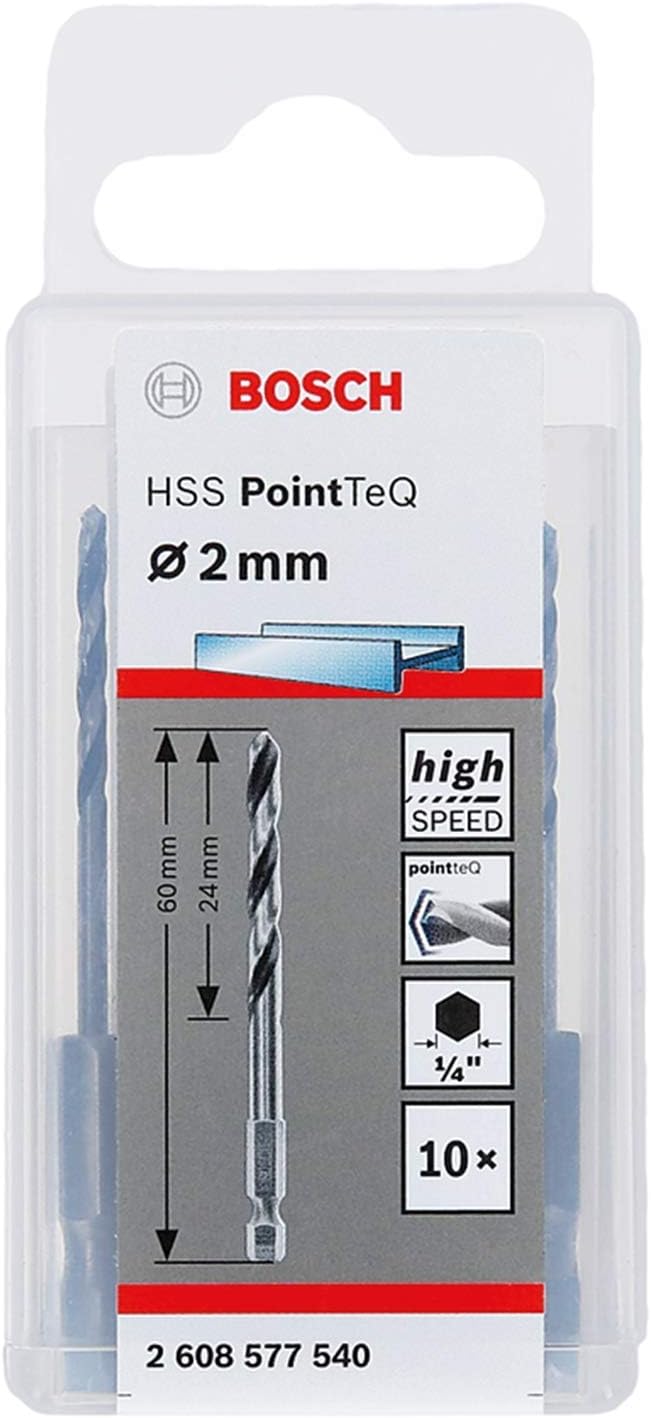 Bosch Professional 10pc PointTeQ 2.0 mm Hex Drill Bit Set 60 mm Shank 1/4"