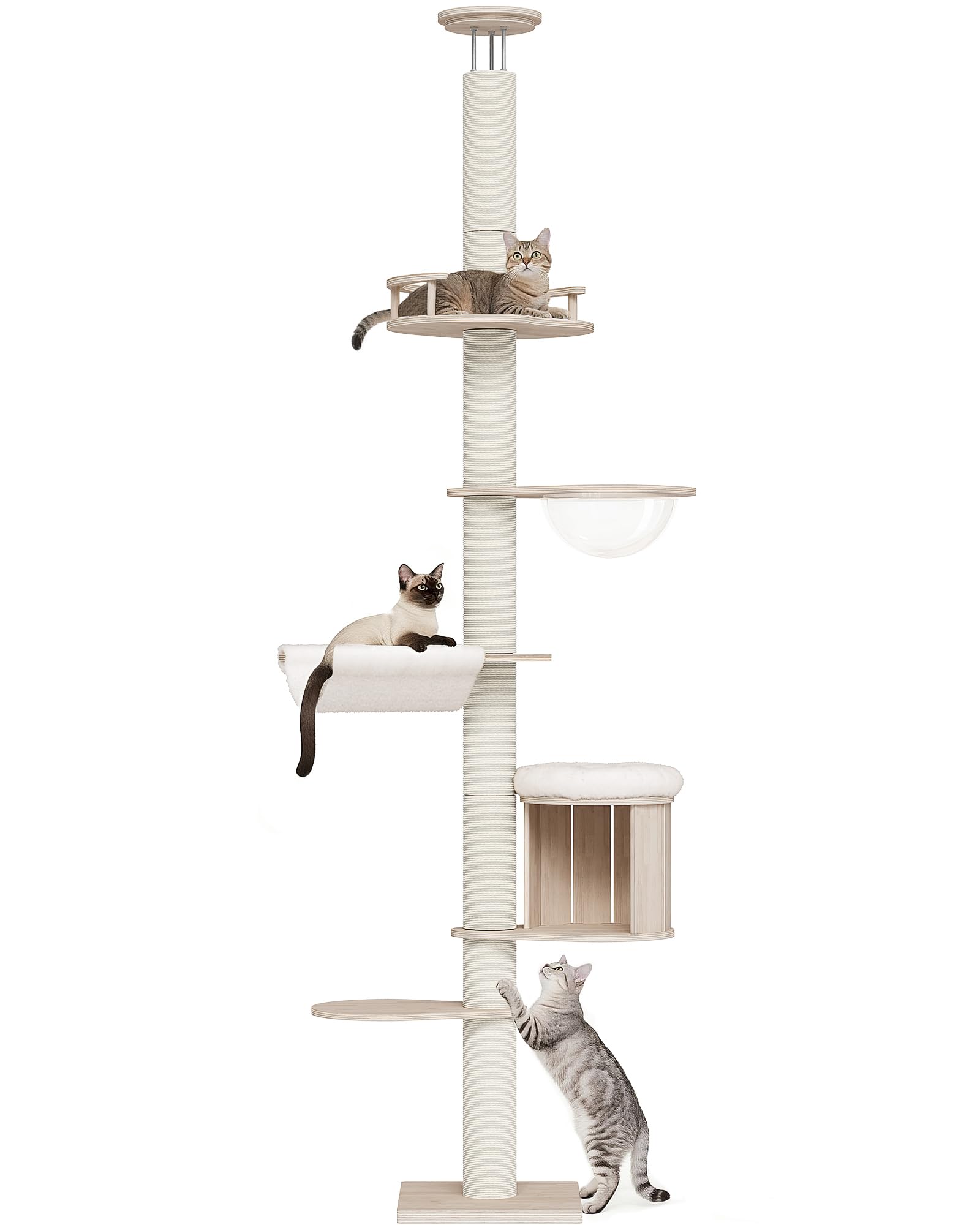 OROPY キャットタワー 突っ張り 木製 スリム 宇宙船ハンモック付き 多頭飼い 猫タワー 省スペース 運動不足解消 隠れ家 爪とぎポスト 全綿縄巻き キャットツリー 220-271cm調整