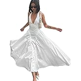 Women's Sexy Deep V Neck Sleeveless Halter Maxi Dress Pleated Flared Hem Swing Long Dresses for Party Evening Cocktail