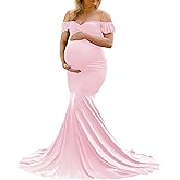Saslax Off Shoulder Ruffle Sleeves Elegant Fitted Maxi Maternity Dress for Photoshoot Baby Shower