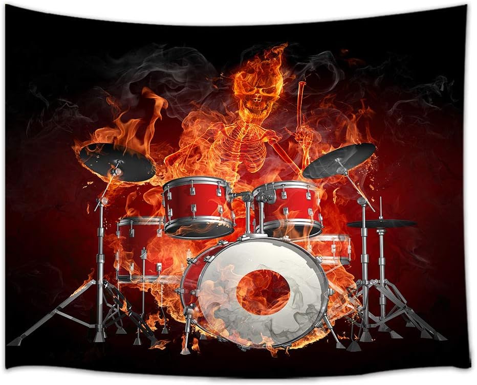 DYNH Musical Equipment Tapestry Wall Hanging, Skeleton Drummer of Fiery 3D Hippie Art, Tapestries Art Home Decor Bedroom Living Room Dorm TV Backdrop, Beach Towels 80X60 Inches