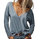 Danedvi Women Fashion Deep V-Neck Long Sleeve Tops Solid Casual Loose Basic T Shirt