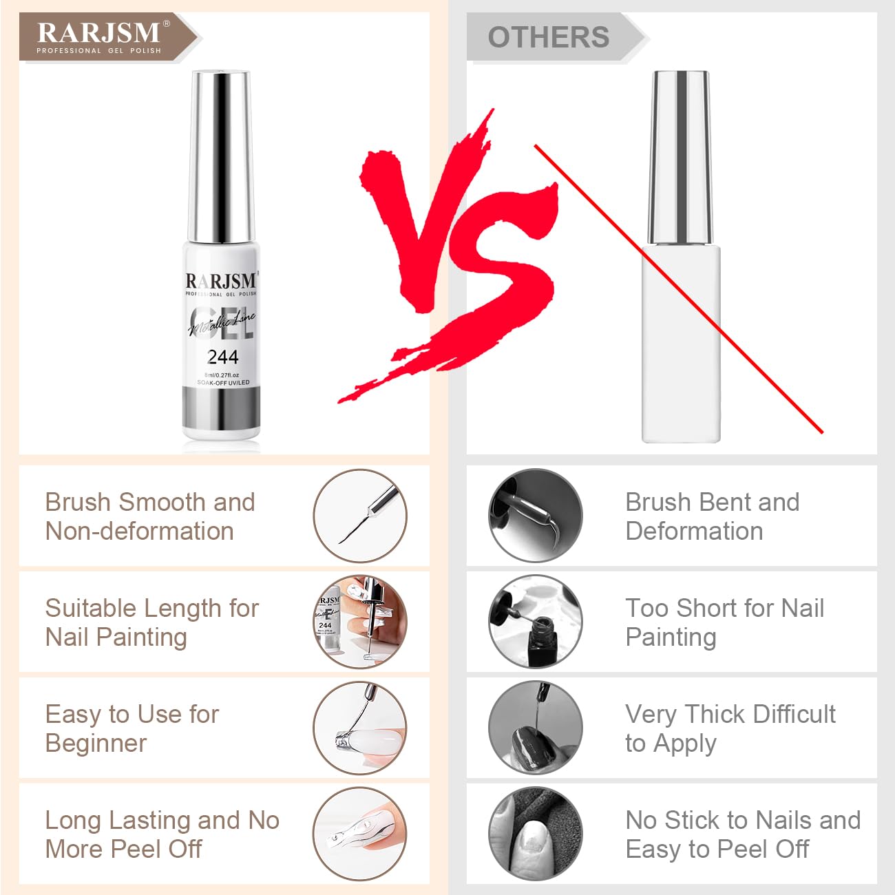 RARJSM Metallic Gel Liner Nail Art Silver Bronze Gold 2pcs Set Mirror Chrome 3D Effect Gel Nail Polish 8ml Build in Thin Brush Metal Painted Drawing Stripper Gel Polish Curing Requires for Home Salon - Image 9