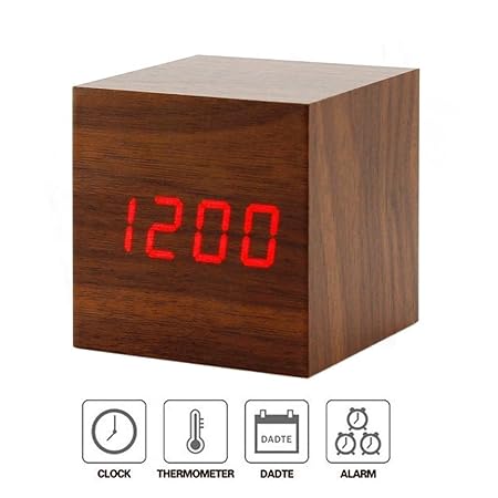 Home Cube Wooden Square Shape (6 cm X 6 cm) Digital Electronic Alarm Table Desk Clock with Temperature + Date + Time Display XY - 022 (Brown)