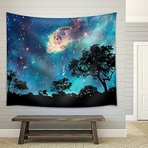 Night Landscape with Silhouette of Trees and Starry Night - Fabric Wall Tapestry Home Decor - 51x60 inches
