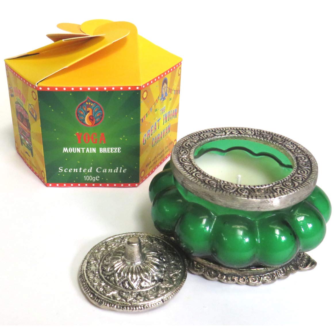 Scented Organic Candle in a vintage glass jar- Long burning soy wax form our Great Caravan Range - 100g - Fair trade product made in India (Mountain Breeze Scent)