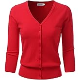 danibe Women's 3/4 Sleeve V-Neck Button Down Knit Sweater Soft Cardigan (S-XXL)