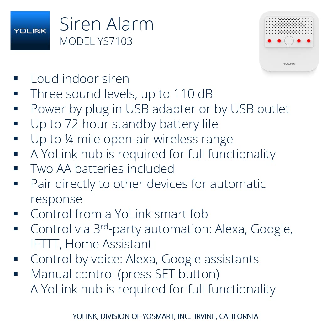 Smart Siren Alarm, Wireless Home Security Alarm with 110 dB Loud Audible Alerts, Remote Control, Compatible with Alexa, Google, Home Assistant, IFTTT - Hub Required