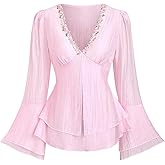 SOLY HUX Women's V Neck Bell Long Sleeve Peplum Tops Embroidery Layered Flowy Blouse