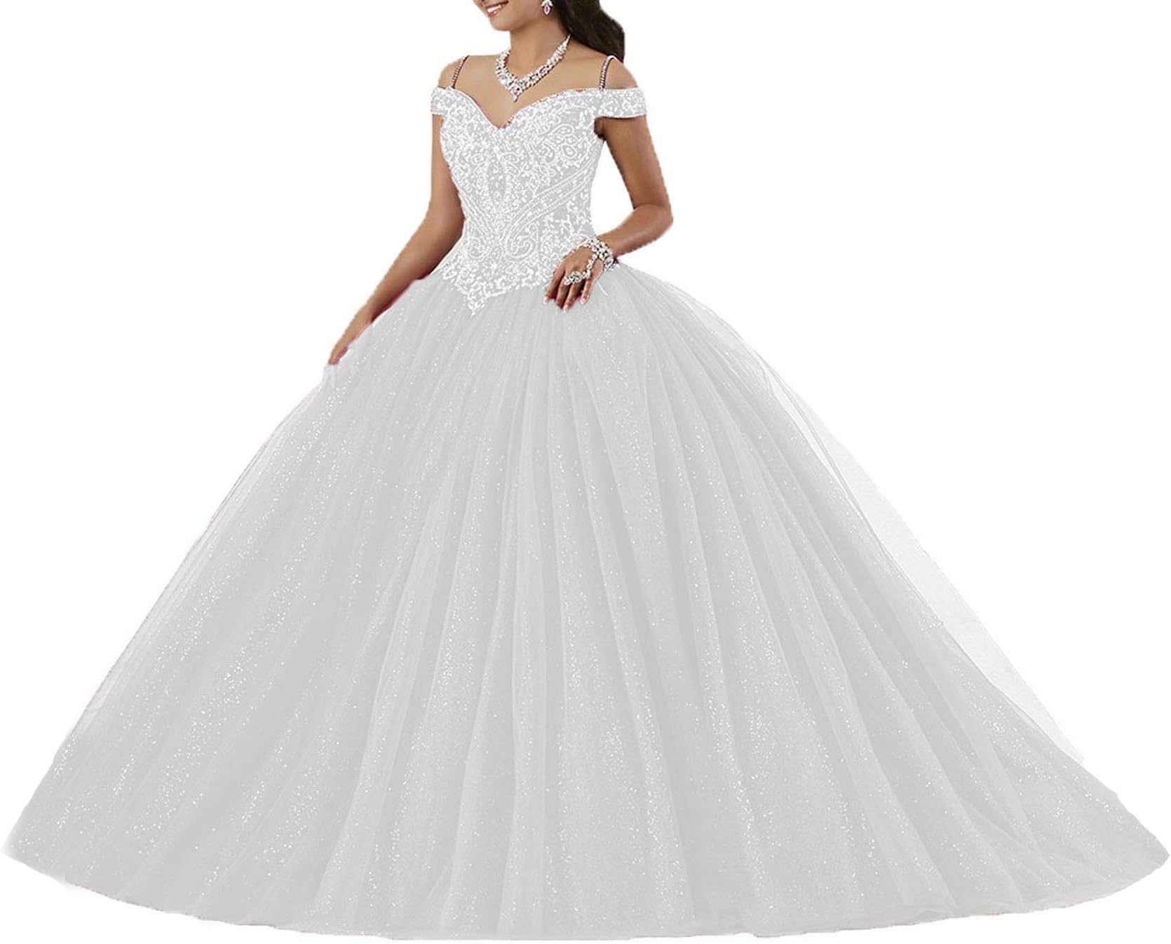 GracepromWomen's Puffy Beaded Crystal Quinceanera Dresses Ball Gown Sweet 16 Dresses White 12