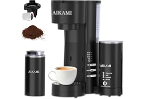 AIKAMI 4 IN 1 Single Serve Coffee Maker with Milk Frother and Coffee Grinder, Coffee Maker for K Cup and Ground Coffee, with 30 oz Removable Water Reservoir, 6 to 14 oz. Brew Sizes, Coffee Machine for Home