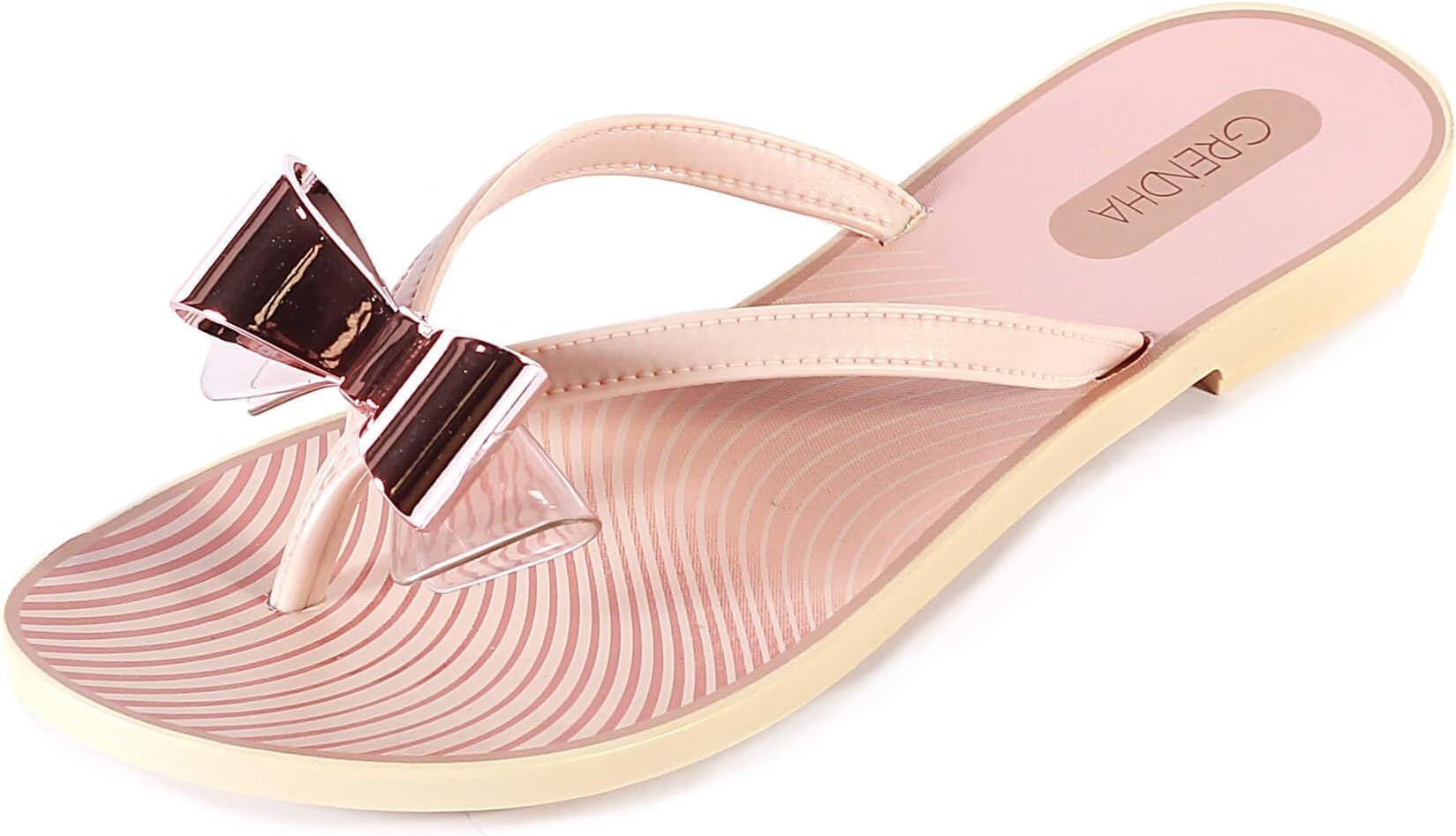 Grendha Women's Charm Bow Plastic Slip On Flip Flop Blush-Blush-3