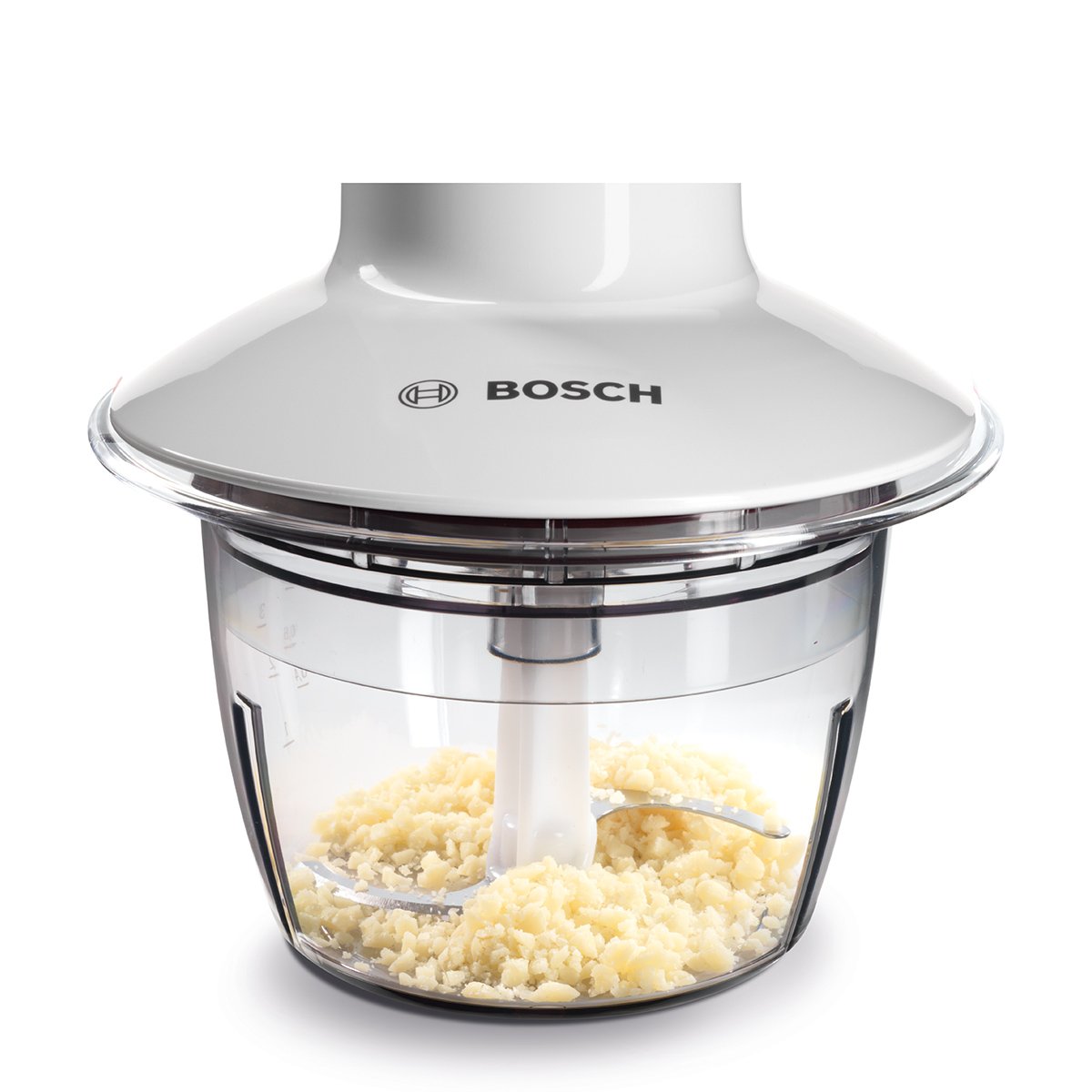 Bosch Universalzerkleinerer, elektrisch, schnell, Klingen aus Edelstahl, 800 ml Behälter, Scheibe zum Sahne schlagen, weiß, 400 W, MMR08A1 4