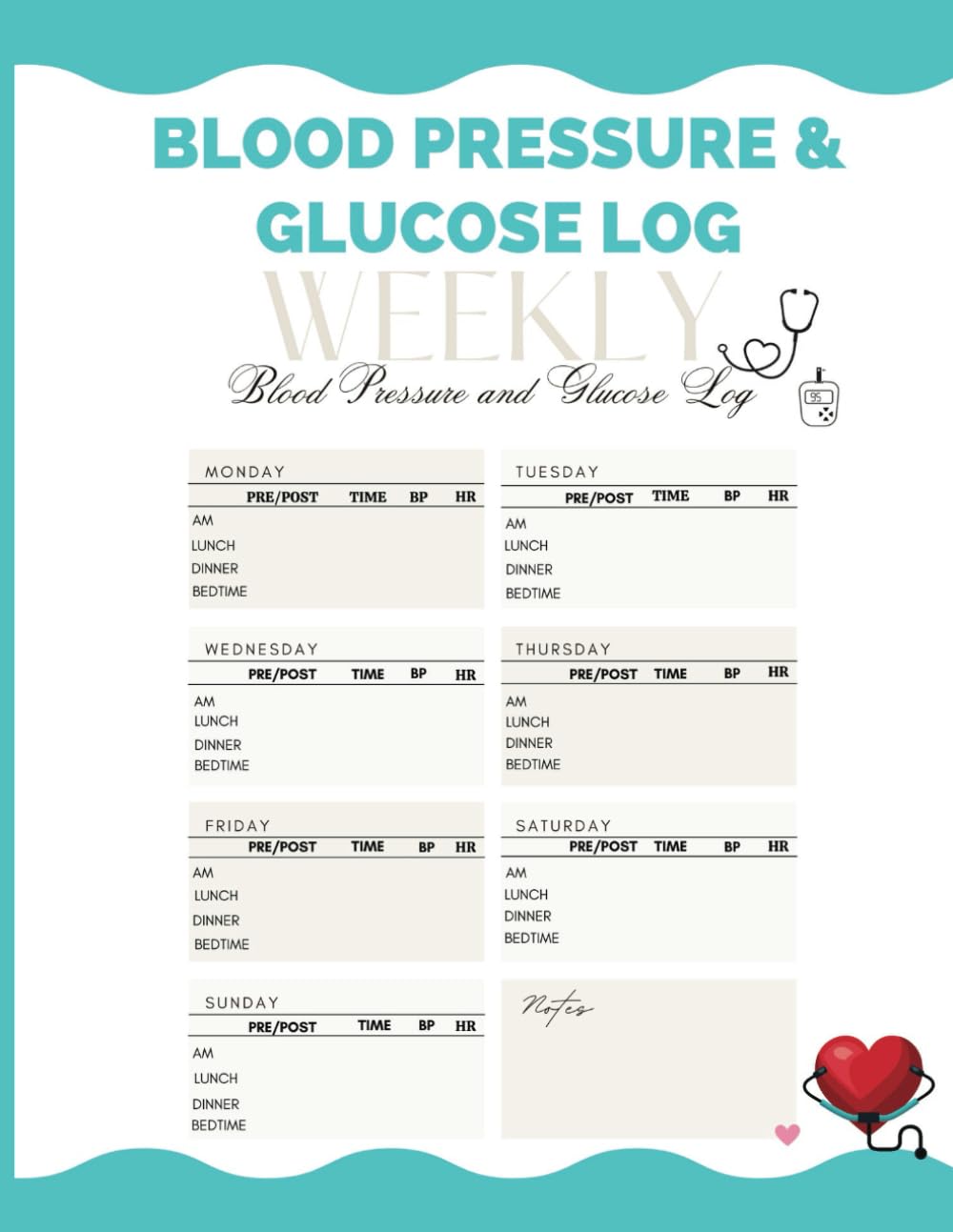 Blood Pressure and Glucose (Sugar) Log, 2 in 1 Diabetes and High Blood Pressure Log, 8.5 x 11, Daily/Weekly sheets for a total of 104 weeks/2 years of monitoring