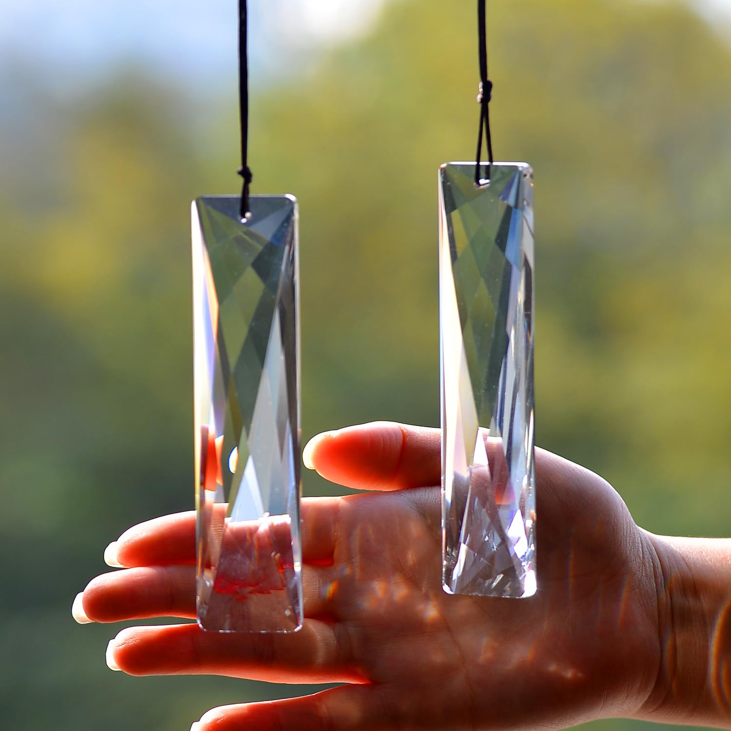 Photo 1 of 2PCS 5" Large Crystal Sun Catcher Prisms, stino Hanging Suncatchers with Glass Prism, Rainbow Maker for Windows, Balcony, Kitchen, Garden Decoration (1, Net Rectangle Clear 2Pcs)