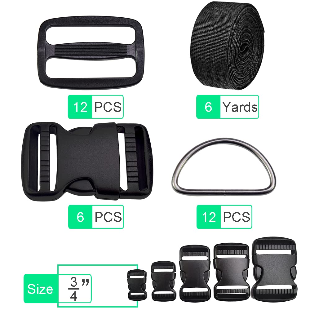 CooBigo 3/4 Inch Buckles Straps Set 6 Yards 3/4 Inch Black Nylon Webbing Strap 6 Pcs Plastic Buckle Dual Adjustable 12pcs Tri-glide Slide Clip Metal D Rings