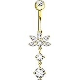 COCHARM Dangle Lotus Belly Button Rings 14G Dangle Belly Navel Rings for Women Flower Belly Button Piercing