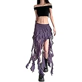 ANKOMINA Women Flowy Boho Maxi Skirt Asymmetrical Ruffle Hem with Floral Lace & Mesh Patchwork,Gothic Tassel Skirt