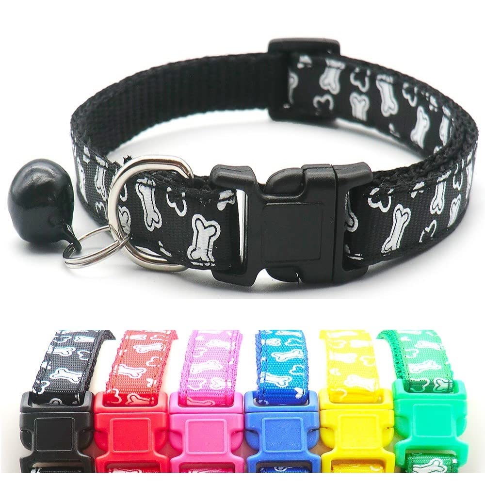 Small Dog Puppy Pet Collar White Bone Design with Bell Nylon Adjustable Size 19-32cm Black