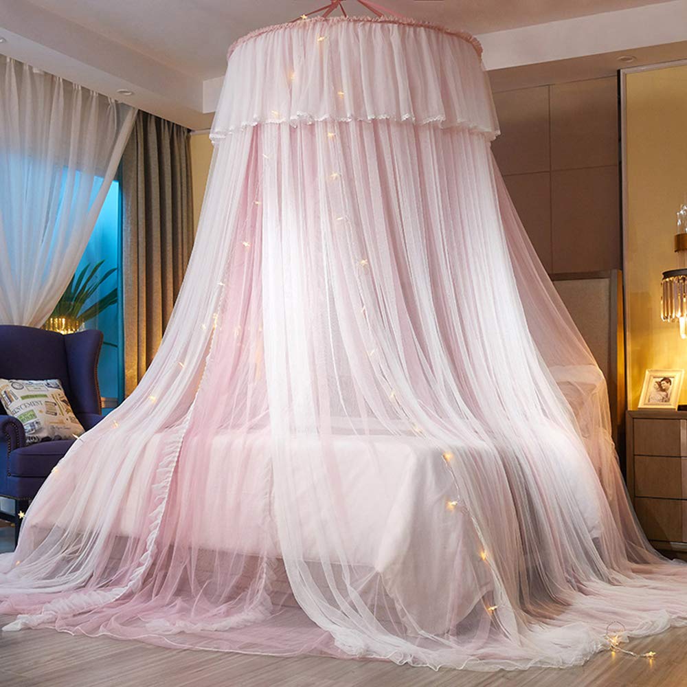 Photo 1 of Mengersi Bed Canopy for Girls with Lights,Canopy Bed Curtains Bed Drapes-Double Layer Mesh Sheer Bed Netting Use to Cover, Round Lace Princess Mosquito Net Tent,Princess Bedroom Decor