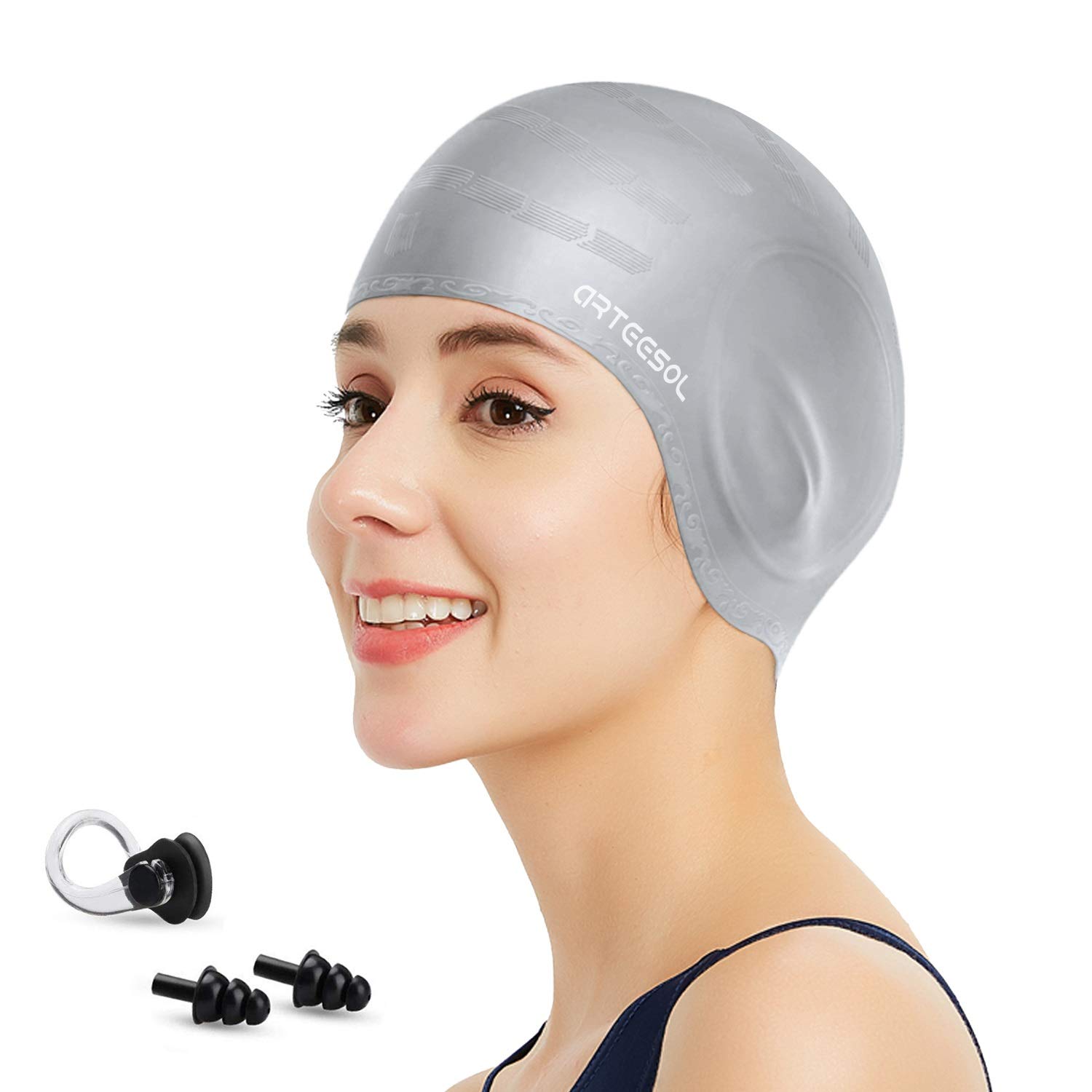 Blackace arteesol Swimming Cap Women Swimming Hat Silicone Swim Cap Swim Hat Waterproof Cap, 3D Ear Ergonomic Design, Anti-Slip Long Hair, Swimming Cap for Women