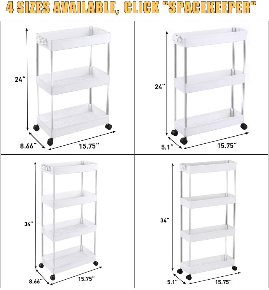 SPACEKEEPER 3 Tier Slim Storage Cart Mobile Shelving Unit Organizer Slide Out Storage Rolling Utility Cart Tower Rack for Kitchen Bathroom Laundry Narrow Places, Plastic & Stainless Steel, White: Home & Kitchen