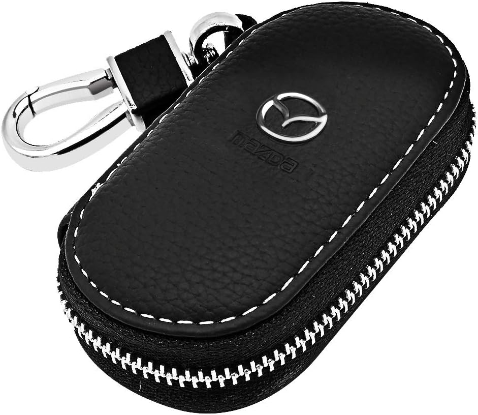 VILLSION Car Key Case Holder Genuine Leather Case with Stainless Steel Hook Remote Key Fob Case Metal Zipper Keychain, fit M-azda