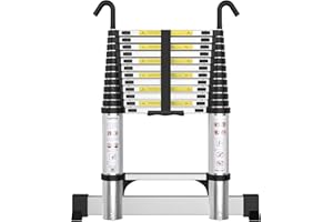 Treemoo Telescopic Ladder with Hooks 12.5FT - Aluminum Telescoping Ladder with Stabilizer - Collapsible Extension Ladders for