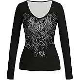 SweatyRocks Women's Y2K Gothic Grunge Long Sleeve T Shirts V Neck Slim Fitted Wing Graphic Tees