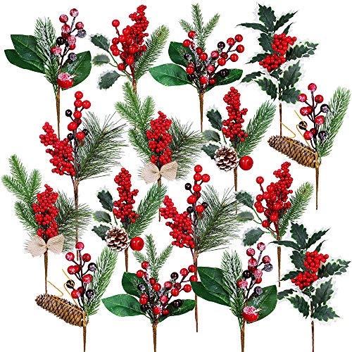 16 Pack Artificial Christmas Picks Assorted Red Berry Picks Stems Faux