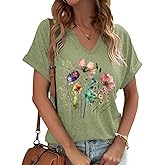 PUCKOLITY Vintage Flowers V Neck Shirt for Women Boho Floral Wildflowers Graphic Tee Casual Cottagecore Summer T Shirt