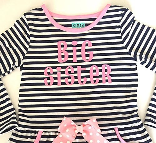 Big sister dress in navy blue and white stripes with pink Big sister