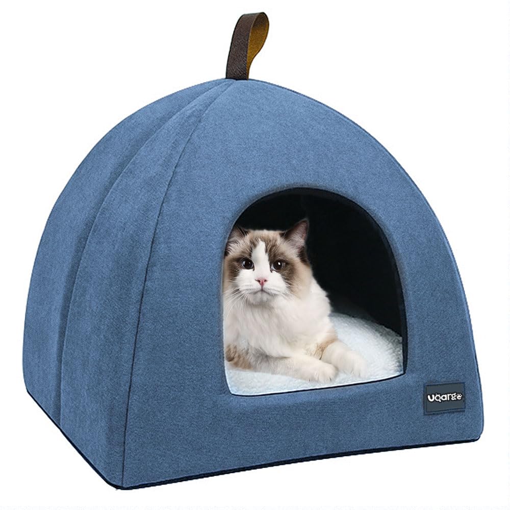 Voarge Cat Cave Bed, Soft Cat Cave, Soft Plush Warm Cat Beds, Cat Nest with Removable and Washable Inner Cushion (Blue, Large)