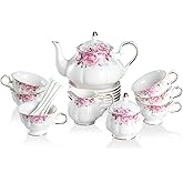 Sweejar Porcelain Tea Set Vintage Floral, British Relief Gold Rim Teapot Cup and Saucer Sets, 22-Piece Tea Sets for Adults, with Teapot, Sugar Bowl, Milk Jug, Spoons, Cup and Saucer (Flower)