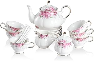 Sweejar Porcelain Tea Set Vintage Floral, British Relief Gold Rim Teapot Cup and Saucer Sets, 22-Piece Tea Sets for Adults, w