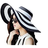 Women's Beachwear Sun Hat Black and White Striped Straw Hat Floppy Beach Hat Foldable Wide Brim Cap