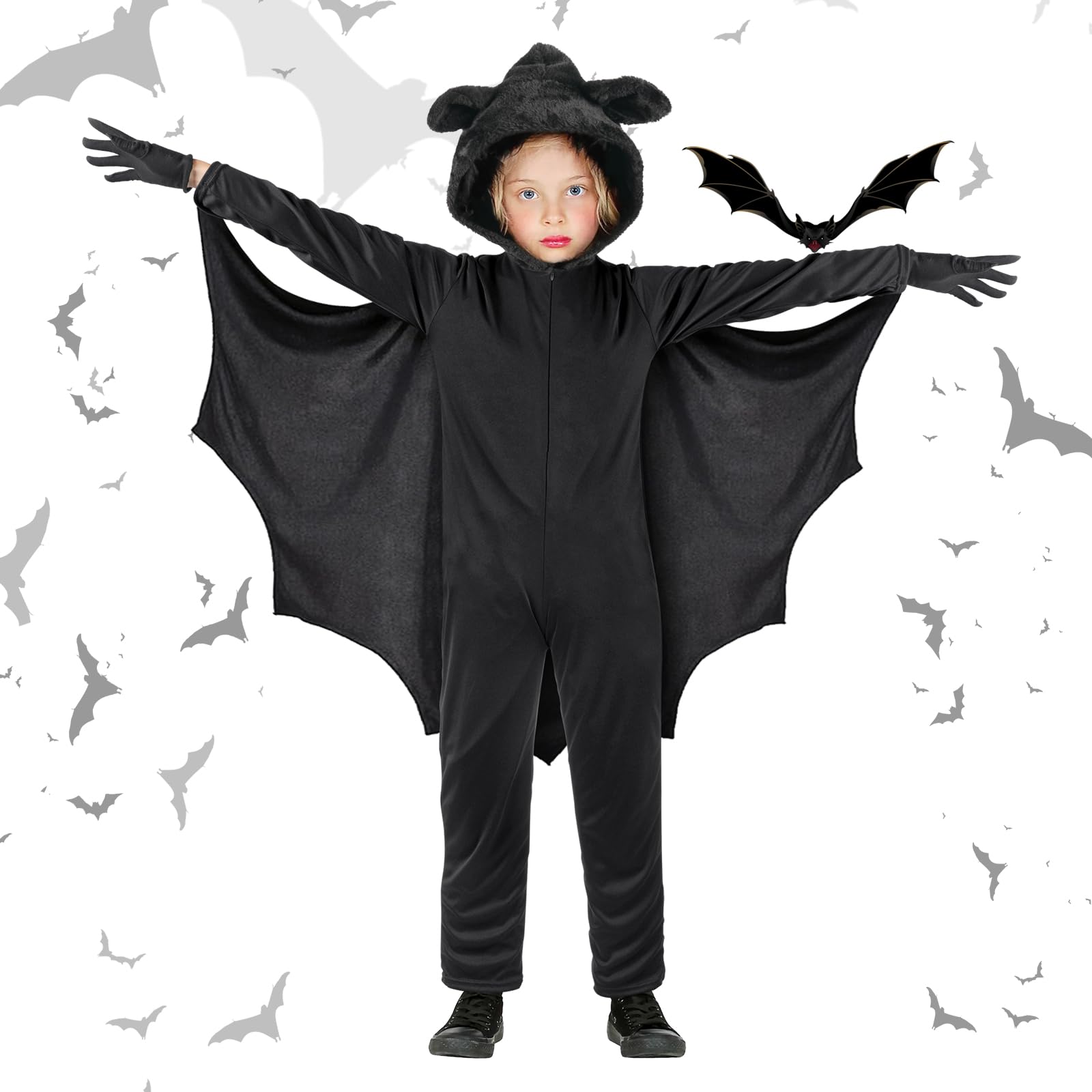 Aomig Bat Costume for Children - Halloween Vampire Wings Jumpsuit With Gloves for Fancy Dress, Carnival, World Book Day (S)