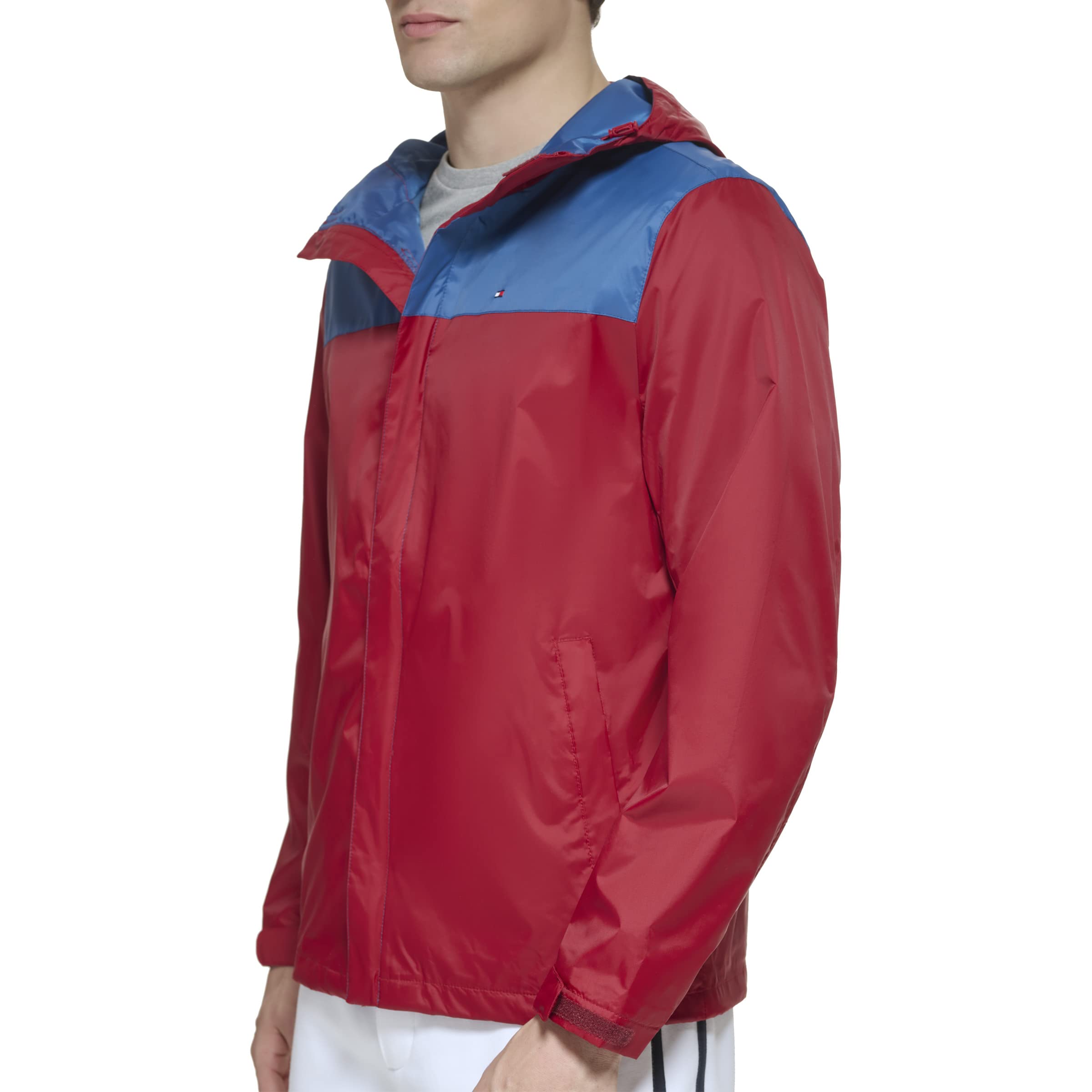 Tommy Hilfiger Men's Lightweight Breathable Waterproof Hooded Jacket, Blue Coast/Rouge Color Block, Small Image