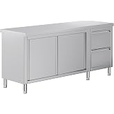 Jocisland 72-Inch Stainless Steel Prep Table with Cabinet | 72 x 24 x 33.5 In, Food-Grade Stainless Steel, Sliding Doors, Enclosed Storage, for Restaurant, Garage and Hotel