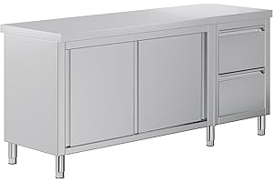 182 cm × 61 cm × 85 cm Stainless Steel Work Table with Cabinet, Stainless Steel Table Cabinet with Sliding Doors for Prep Wor