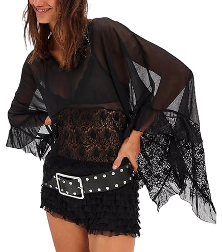 Amazon.com: Lordree Women Ruffle Flowy Blouse Flare Sleeve Sheer 