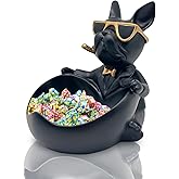 Huhote Bulldog Candy Bowl Decor, Heart-shaped Key Holder Bowl Candy Dish, Bulldog Accessories, Resin Bulldog Statue for Office Desk Home Decor Figurines Entryway Table Decor (Black)