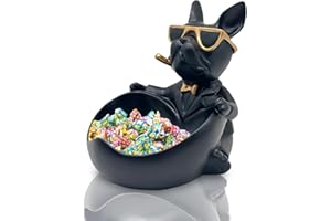 Huhote Bulldog Candy Bowl Decor, Heart-shaped Key Holder Bowl Candy Dish, Bulldog Accessories, Resin Bulldog Statue for Office Desk Home Decor Figurines Entryway Table Decor (Black)