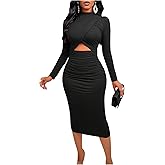 GORGLITTER Women's Wrap Ruched Drop Waist Dresses Fall Elegant Casual Long Sleeve Mock Neck Cut Out Cocktail Midi Dress