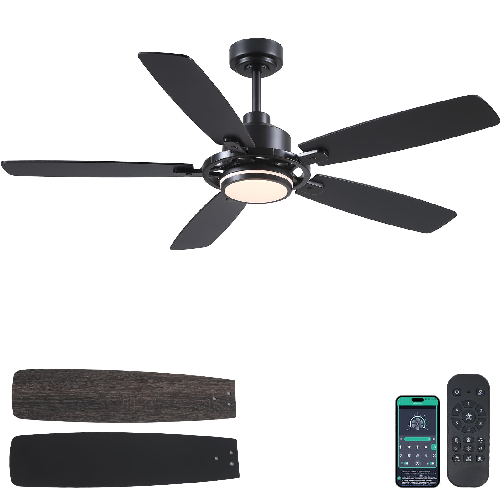 Photo 1 of 54" Black Ceiling Fans with Lights and Remote,Modern Led Ceiling Fans with Quiet DC Motor, Dimmable 6 Speeds Reversible for Living Room Patio Kitchen