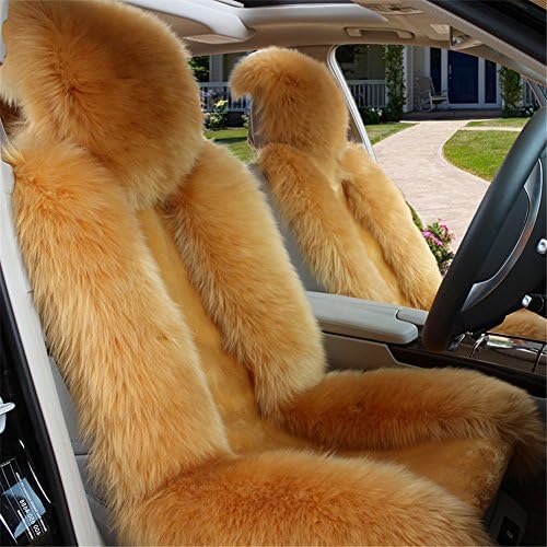 Peiji 3Pcs Luxury Interior Thick Wool Car Seat Cover Set, Sheepskin Rug Fleece, Universal Cushion Automobile Decoration (Camel)